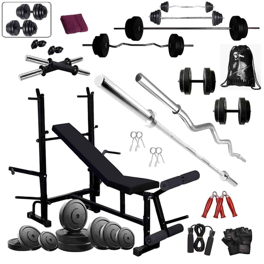BODYFIT Full Home Gym Set with bench 8 in 1, 4 Rods, [20Kg-100Kg] Weight Plates