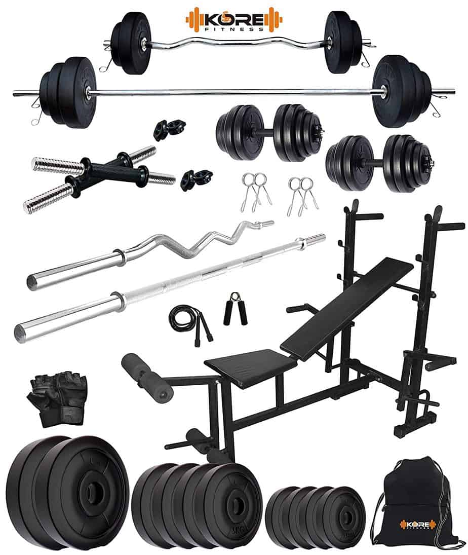 Kore PVC 20-50 Kg Home Gym Set with Bench with Gym Accessories.