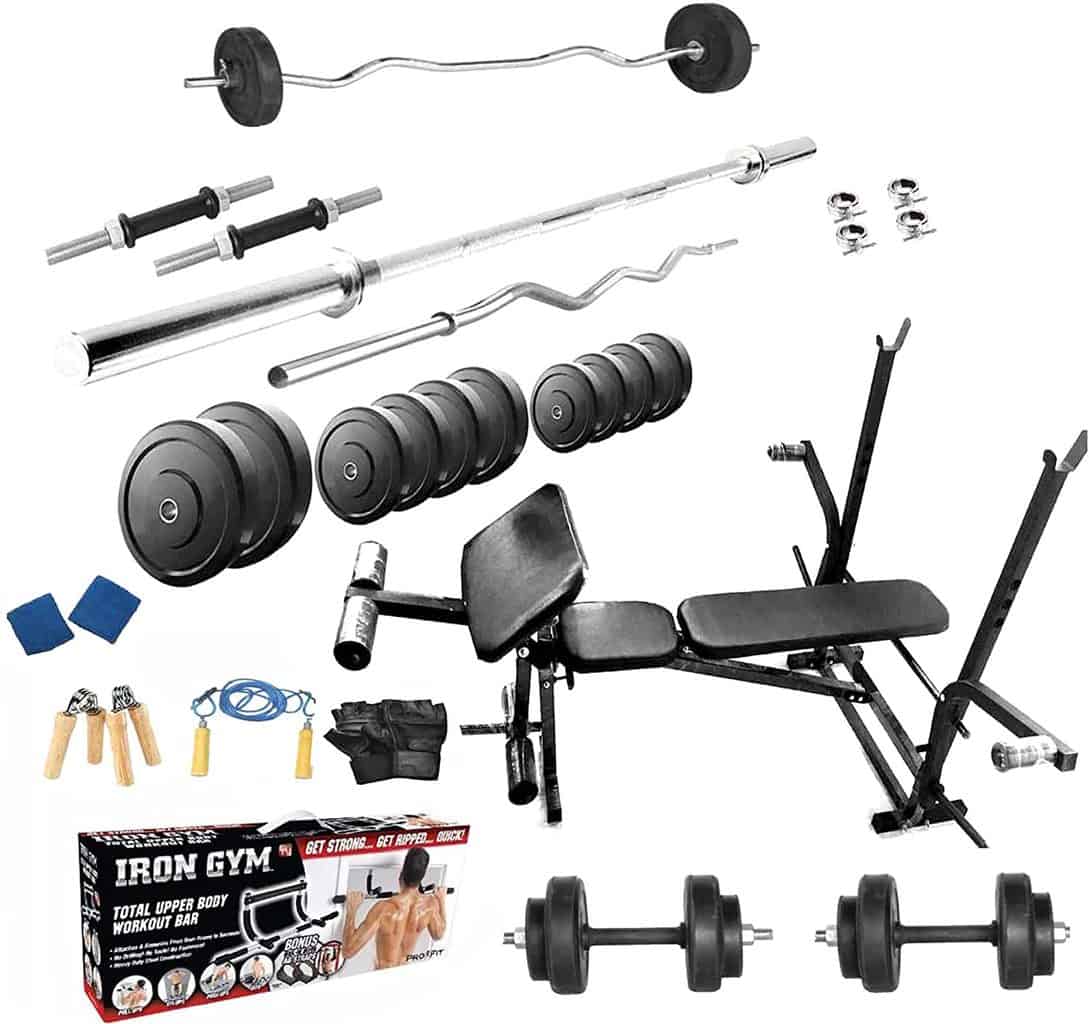 4. Protoner Gym Set With Bench (Adjustable), 50 Kg PVC Weight plates + 4 Rods + Accessories