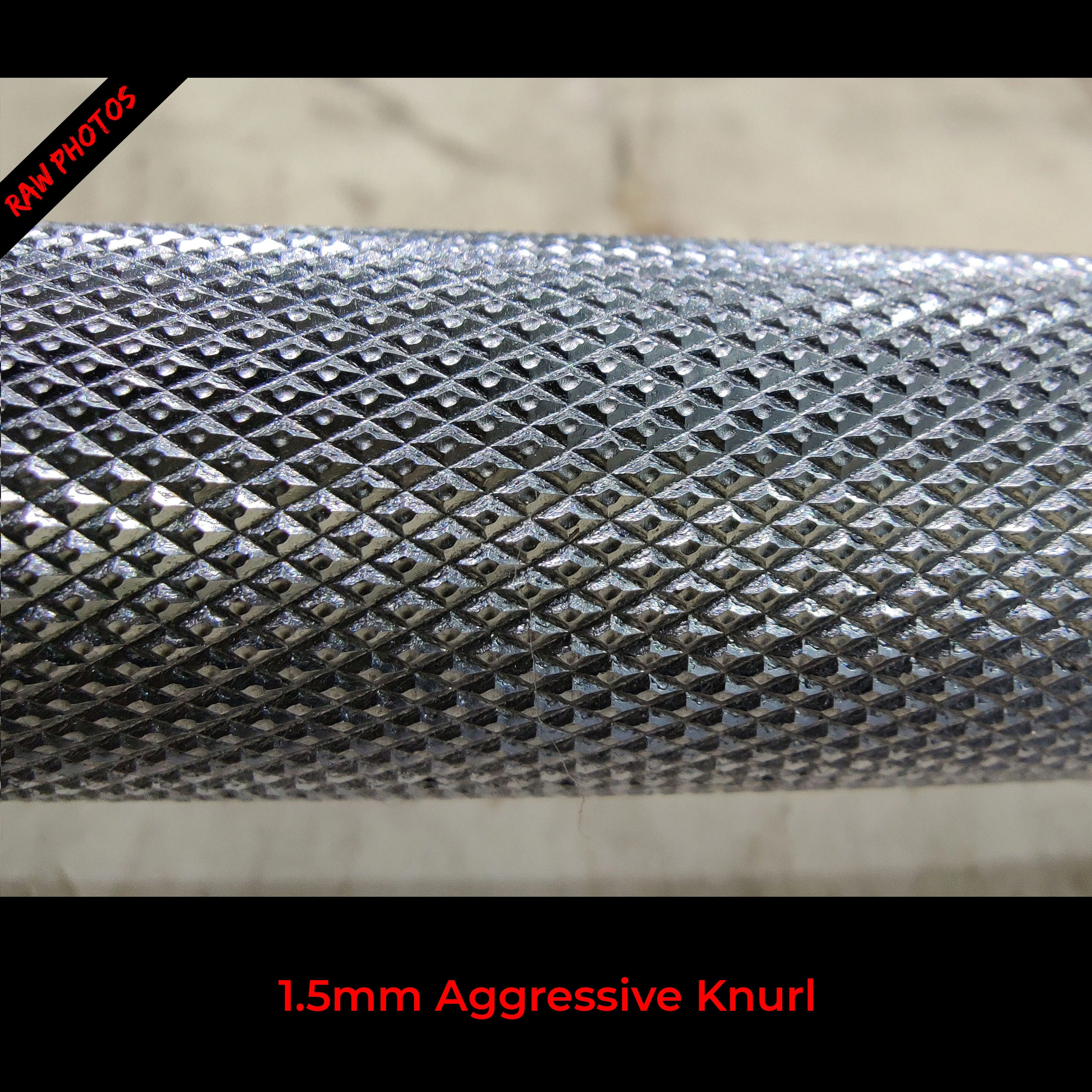 1.5 mm aggressive knurl on powerlifting bar