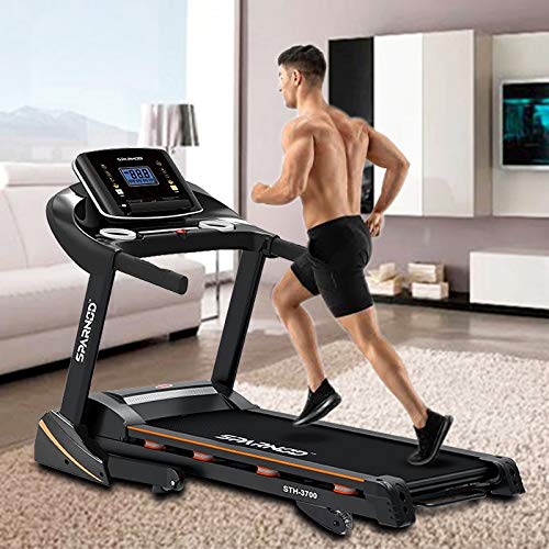 SPARNOD FITNESS STH 3700 4 HP Peak Foldable Motorized Walking and Running Automatic Treadmill for Home Use with Auto Incline 8 Point Shock Absorption System Black