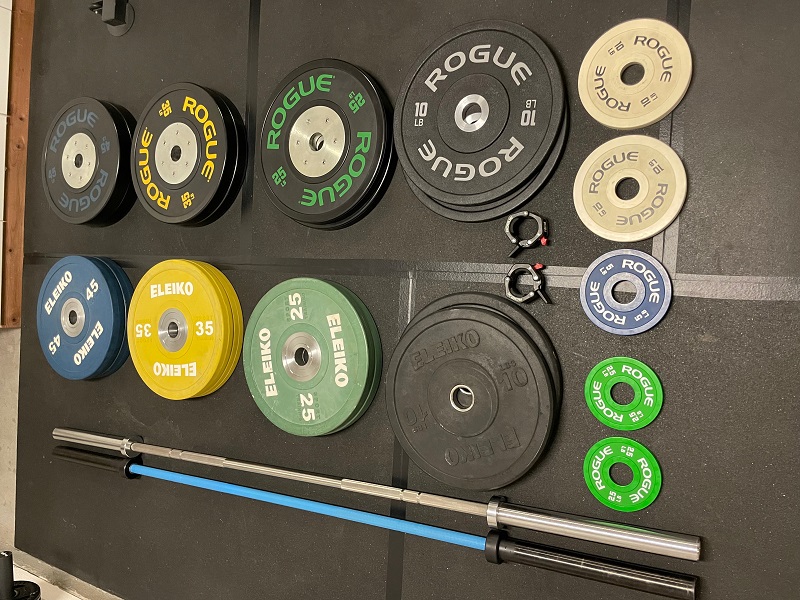 Rogue fitness plates and barbell